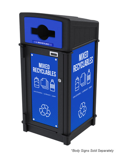 FUSION - Single Stream Front-Load Mixed Recyclables Bin with Mixed Lid Opening and Door Signage