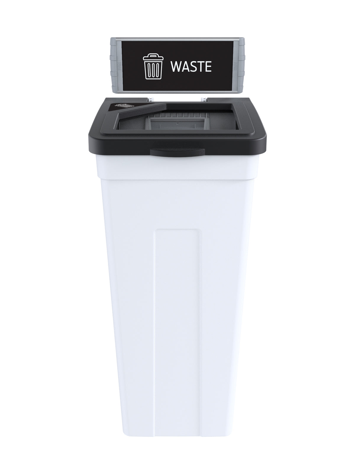 RISE - White Body with Black Full Opening Lid, 'Waste' Sign and Lid Label, and Wall Mount Aluminum Extrusions