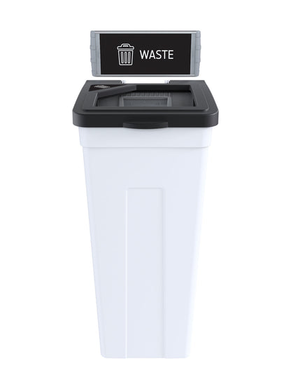RISE - White Body with Black Full Opening Lid, 'Waste' Sign and Lid Label, and Wall Mount Aluminum Extrusions