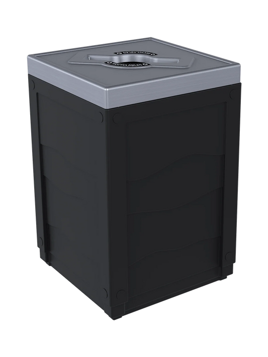 EVOLVE - 50G Black Cube with Mixed Opening Lid (Stainless Steel Finish) and 'Recyclables' Lid Labels