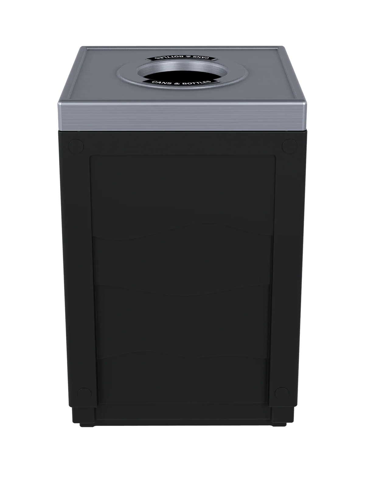 EVOLVE - 50G Black Cube with Circle Opening Lid (Stainless Steel Finish) and Cans & Bottles Label
