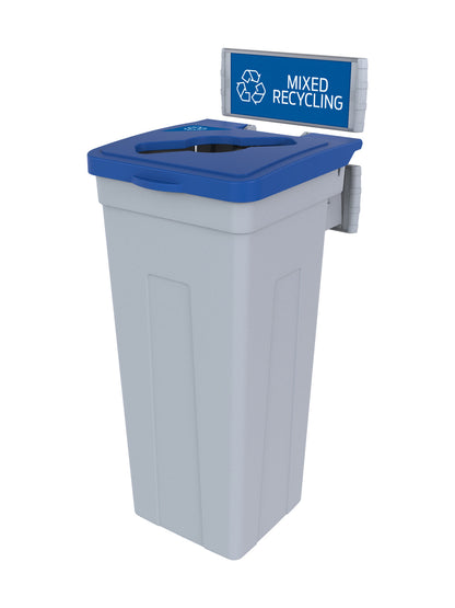 RISE - Grey Body with Blue Mixed Opening Lid, 'Mixed Recyclables' Sign and Lid Label, and Wall Mount Aluminum Extrusions