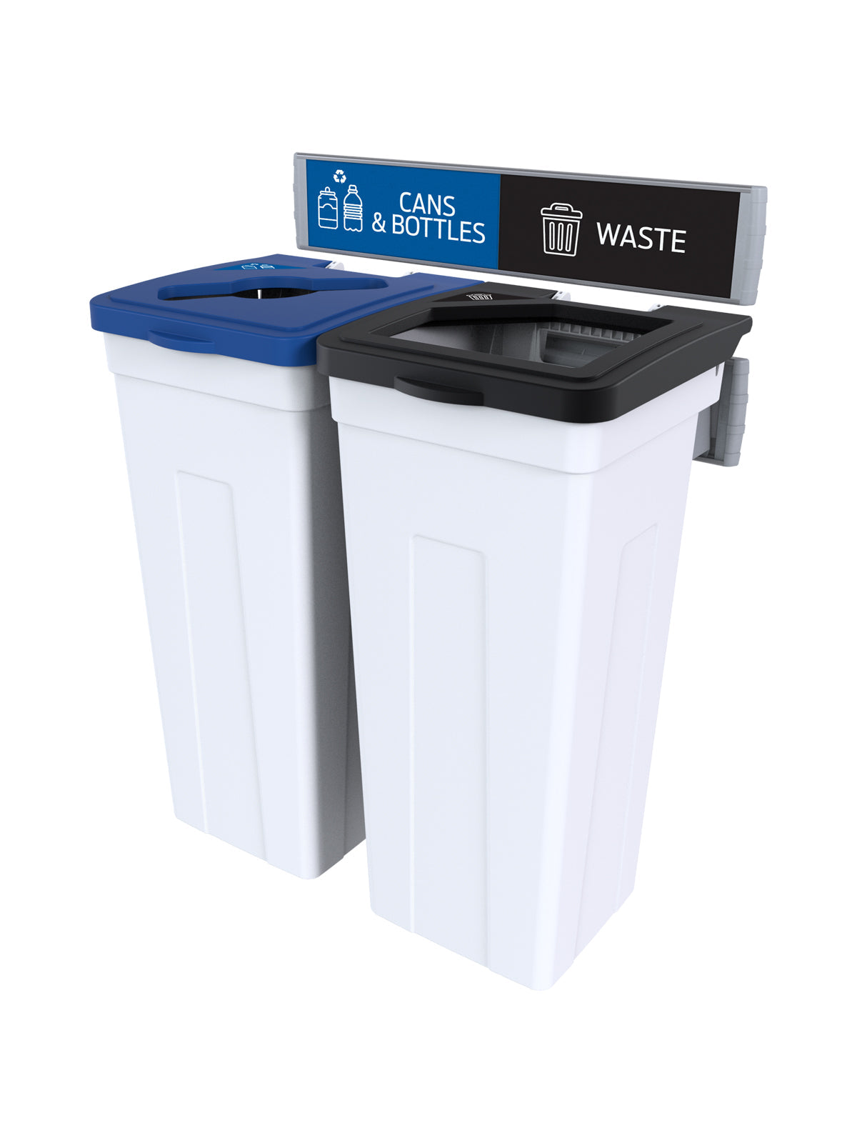 RISE - Double White Body with Black Full/Blue Mixed Opening Lids, 'Waste', & 'Mobius Loop' Sign and Lid Labels, and Wall Mount Aluminum Extrusions