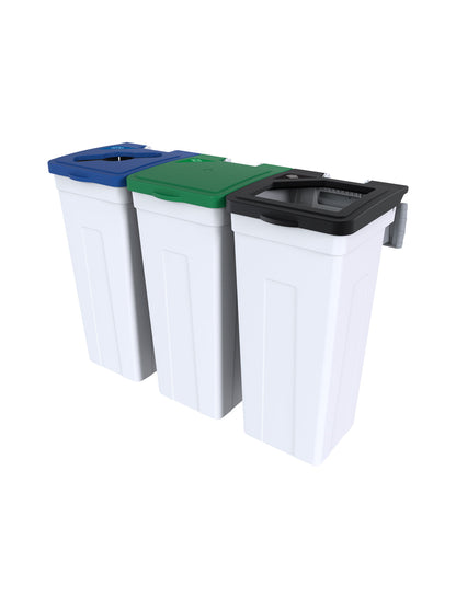 RISE - Triple White Body with Black Full/Green Solid Lift/Blue Mixed Opening Lids, 'Waste', 'Organics', & 'Mobius Loop' Lid Labels and Wall Mount Aluminum Extrusion