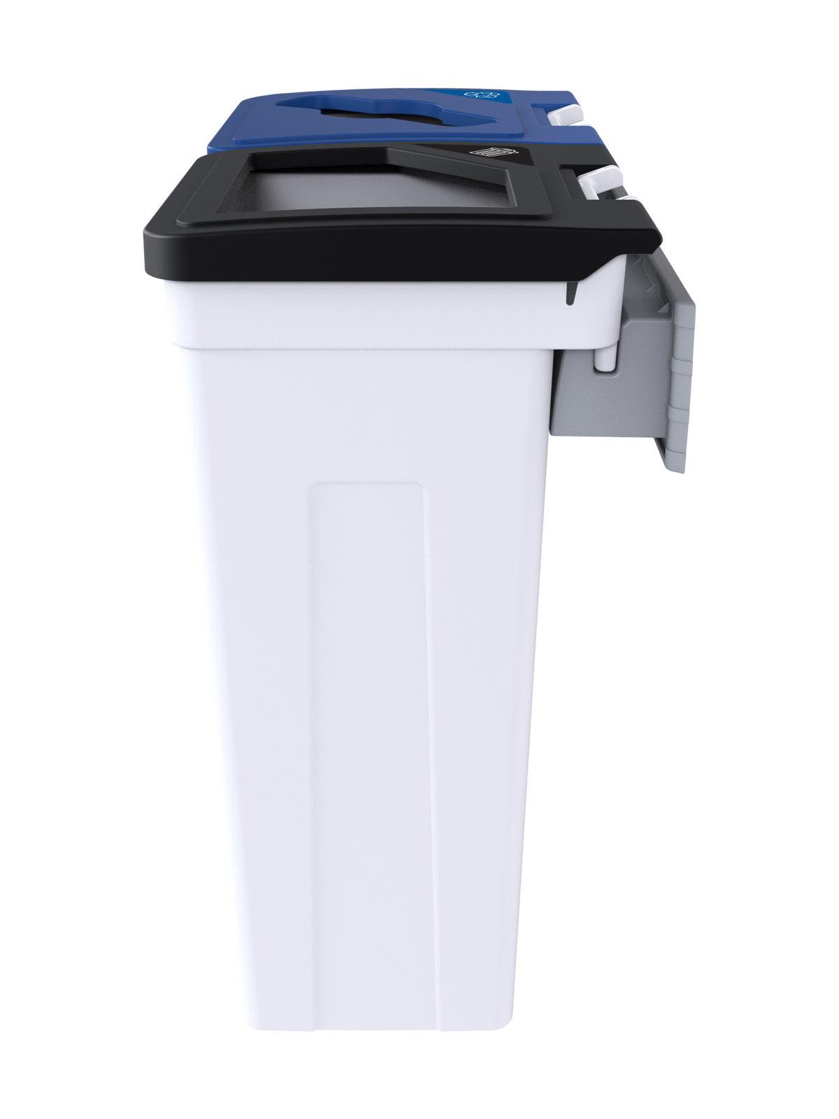 RISE - Double White Body with Black Full/Blue Mixed Opening Lids, 'Waste' & 'Mixed Recyclables' Lid Labels and Wall Mount Aluminum Extrusion