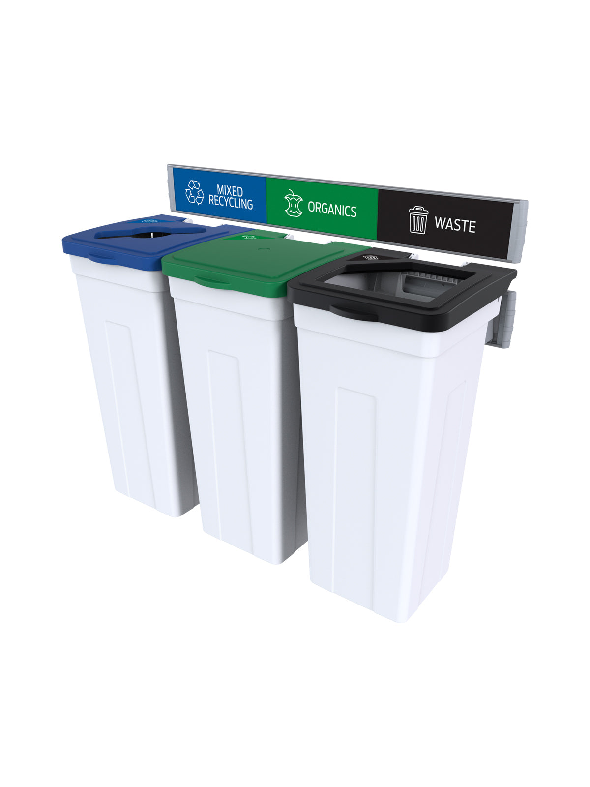 RISE - Triple - Kit - Mixed Recycling-Organics-Waste - Mixed-Solid Lift-Full - White-Blue-Green-Black
